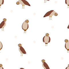 Seamless pattern cute funny owl with tilted leaned head. Vector background illustration of cartoon forest night birds.