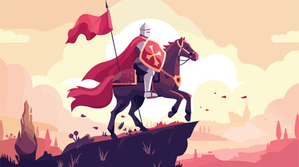 Valorous royal knight riding horse with shield and flat - obrazy, fototapety, plakaty