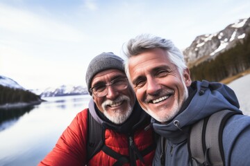 Two smiling men taking a selfie in a mountain landscape.