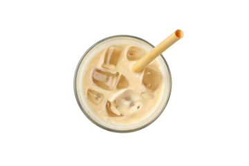 PNG, Glass with iced coffee and straw, isolated on white background, top view