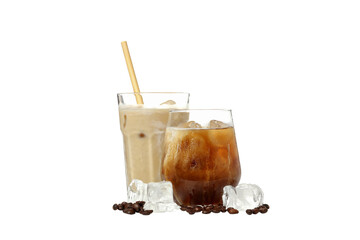 PNG, Glasses with iced coffee, coffee beans and ice cubes, isolated on white background