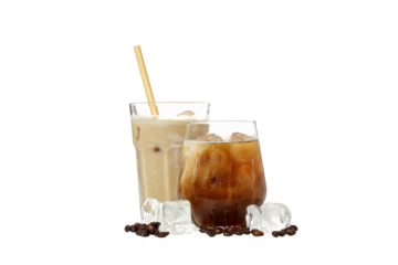 PNG, Glasses with iced coffee, coffee beans and ice cubes, isolated on white background