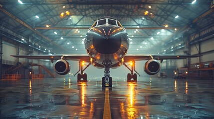 Passenger plane parked in the hangar - obrazy, fototapety, plakaty