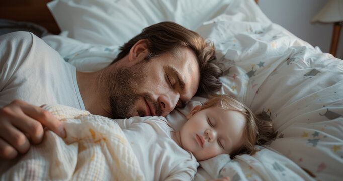 father and baby sleeping together in white bed at home