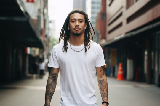 Portrait of a man wearing a blank white t-shirt in an urban setting.