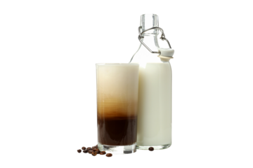 PNG, Glass with iced coffee and bottle of milk, isolated on white background