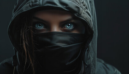 Female hacker with a hood and mask bypassing a virtual security system - wide format - obrazy, fototapety, plakaty