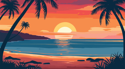 Vector illustration of summer beach at sunset. Flat sty