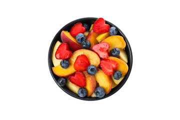 PNG, black plate with fruit salad, isolated on white background.
