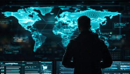 Symbolizing global cyber threats - a hacker zeroes in on specific regions of a digital world map - indicating targeted cyberattacks - wide format