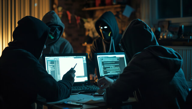 An anonymous group of hackers collaboratively strategizes in a dim environment - plotting a major cyber offensive against a target - wide format