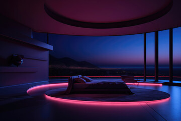 Futuristic bedroom with neon lights and panoramic city view at night.