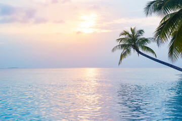Vacation travel concept with tropical sunset or sunrise seascape horizon and green palms