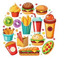 Fast food theme with fast food icons in cartoon style vector illustration.