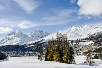 St. Moritz, St. Moritzersee, Oberengadin, Alpen, Corviglia, Piz Nair, Piz Julier, Piz Albana, Winter, Wintersport, Winterwanderung, Stazerwald, Langlauf, Schneedecke, Graubünden, Schweiz