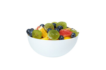PNG, white plate with fruit salad, isolated on white background.