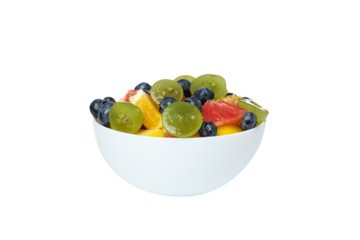 PNG, white plate with fruit salad, isolated on white background.