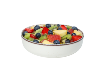 PNG, white plate with fruit salad, isolated on white background.
