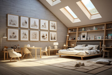Modern attic bedroom interior with skylights and wooden decor.