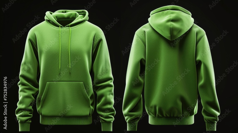 Wall mural Green hoodie, front and back view on black background