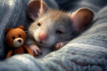 Naklejka premium Young mouse with teddy bear in soft knitted blanket.