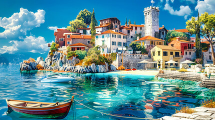 Coastal Serenade, A Mediterranean Journey, Where Seas Meet Villages in Timeless Harmony - obrazy, fototapety, plakaty
