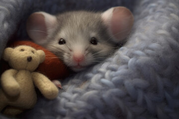 Young mouse with teddy bear in soft knitted blanket.