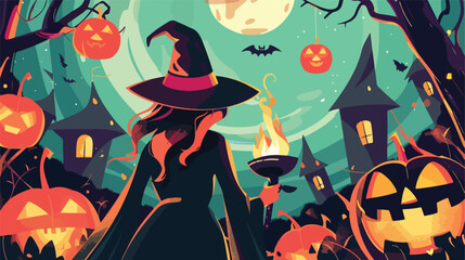 Witch igniting Halloween Jack-o-Lantern pumpkin. Flat vector.