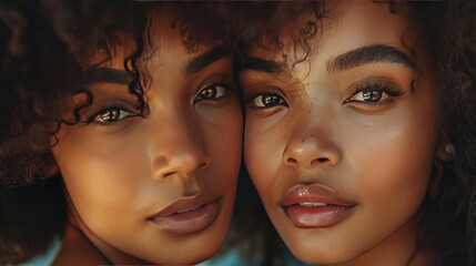 Close-up portrait of two beautiful African American women, twin sisters. Concepts for family, siblings day. Also can be used as skin care and cosmetic products - Powered by Adobe