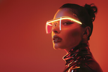 Close-up of a female in a shiny latex suit and neon glasses, evoking a futuristic, cyberpunk feel in a red ambiance