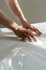 Gentle Hands Cleaning Surface with Soap Suds and Water Droplets