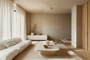 Minimalist Modern Living Room with Warm Wood Tones and Natural Light