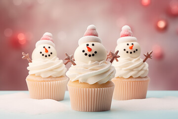 cupcake pour les fêtes de fin d'année, noël, avec un glaçage royal blanc et un toping en forme de bonhomme de neige avec des bonnets et des bras en brindilles et un nez en carotte. Fond festif