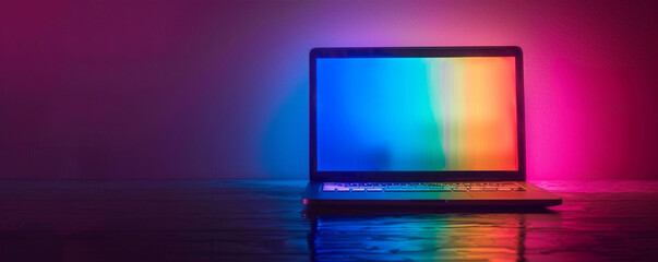 a laptop or computer with rainbow lights for creative and modern web design services as wide banner with copy space area
