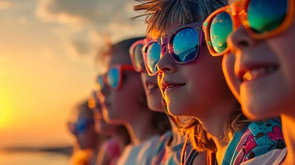 Rolgordijnen Group of young boys and girls kids wearing sunglasses looking at sunset during summer time © Keitma