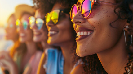 Group of young diverse women wearing sunglasses looking at sunset during summer time , girls friends with ethnic diversity in holidays background - Powered by Adobe