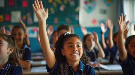 Young Children Kids School Class Room Hands Raised