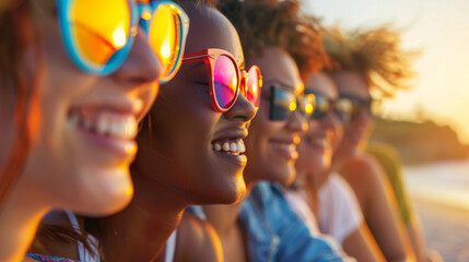Group of young diverse women wearing sunglasses looking at sunset during summer time , girls friends with ethnic diversity in holidays background