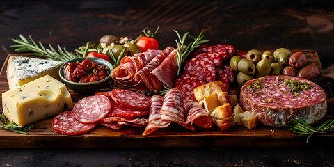 Rustic prosciutto plate with smoked meat variation generated by AI ,Delightful Charcuterie Board with Prosciutto and Smoked Meats ,Artisanal Prosciutto Platter with Assorted Smoked Meats