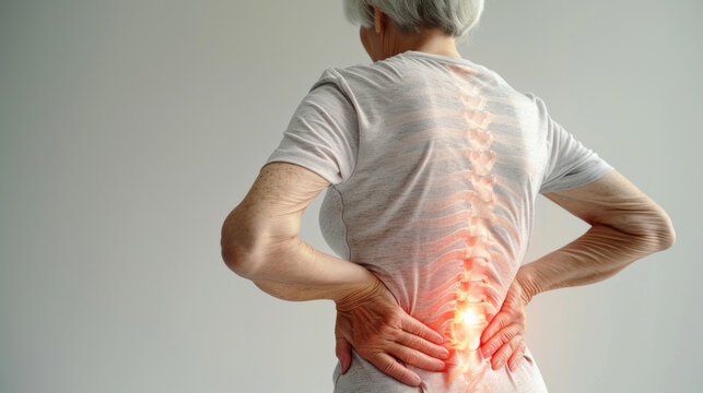 Old woman in white clothes holding her back because she have a painful back suffering from spine pain