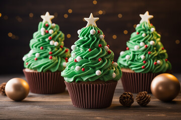 cupcakes en forme de sapins de Noël. gâteaux américains avec glaçage royale vert monté à la poche à douille, surmonté d'une étoile blanche en sucre et de perles de sucre en guise de boules de Noël.  - obrazy, fototapety, plakaty