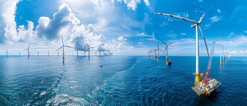 Expansive Offshore Wind Farm Panorama with Turbines Under Construction
