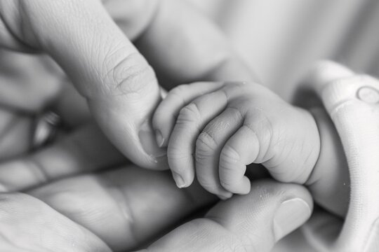 Black and white photo of a tiny newborn's hand and feet cradled in a parent's loving hands