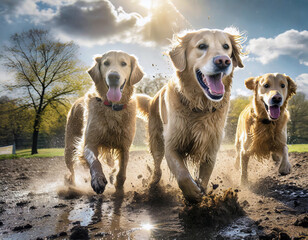 Golden retriever dogs running in a muddy puddle