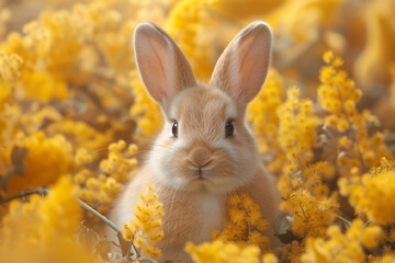 Cute rabbit in spring flowers