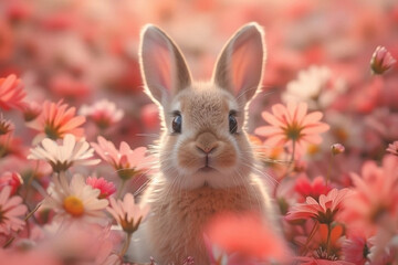 Cute rabbit in spring flowers. Happy easter.
