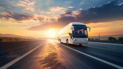A sleek white tourist bus travels comfortably along the highway during a bright sunny sunset, representing the idea of leisurely travel and exploration by coach