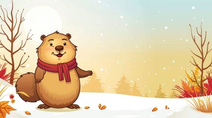 Obraz na płótnie Canvas Cute animated groundhog with scarf in winter landscape.