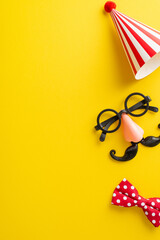 April Fool's Day gag essentials displayed: vertical top view of quirky glasses with faux mustache...