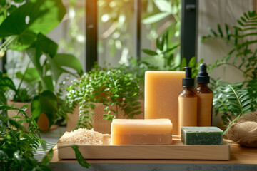 A creative display of waterless self-care products, including soaps and liquid dispensers, reflecting eco-friendliness and natural wellness